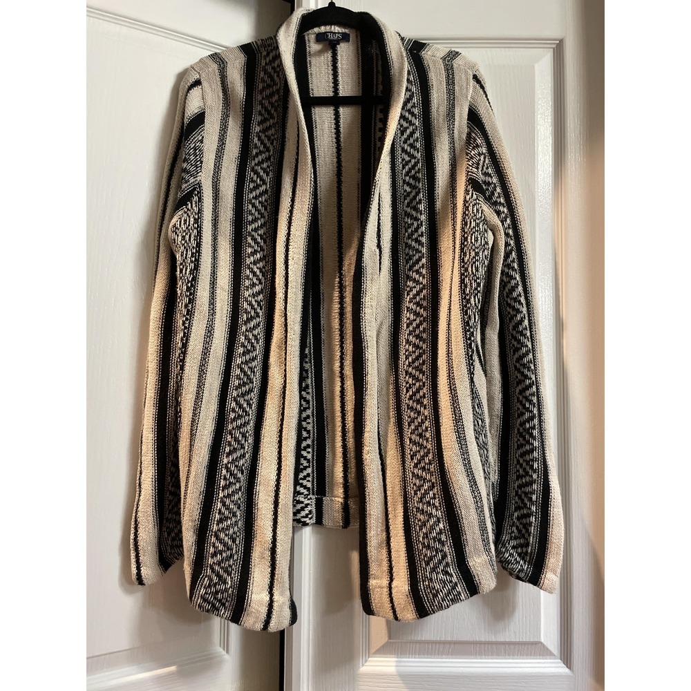 Chaps Denim Cardigan Sweater Womens Large Black White Open Front Boho Stripe